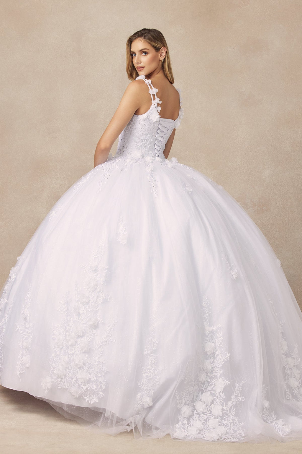 Floral Applique 3D Flowers Open Corset Back Long Wedding Dress JT1437W