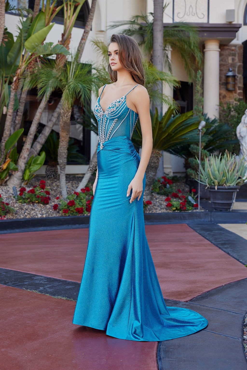 Fit and Flare Crafted with Luxurious Glitter Stretch Satin Gown NXL1769