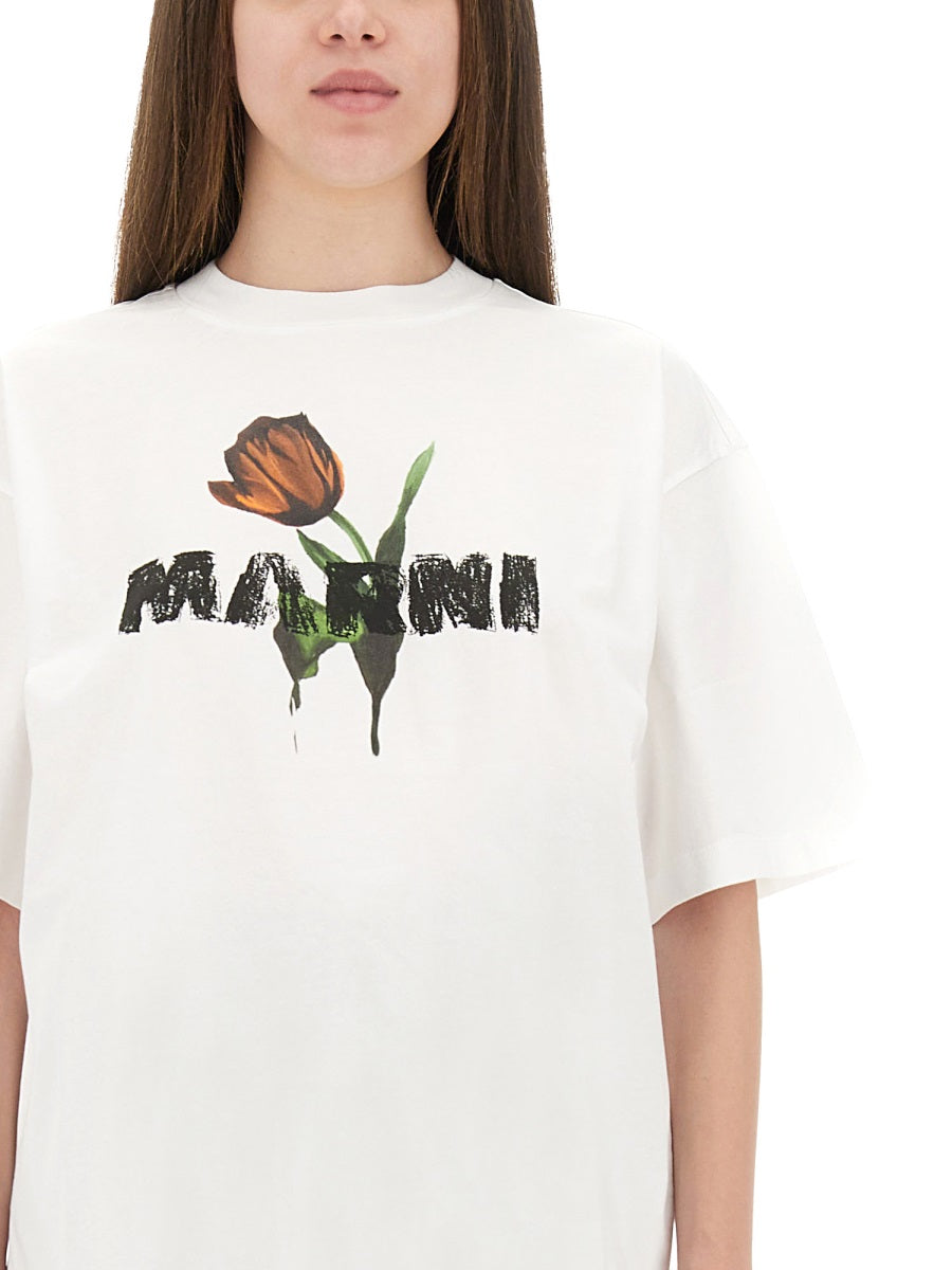 Marni Women White Cotton T-Shirt With Tulip Print