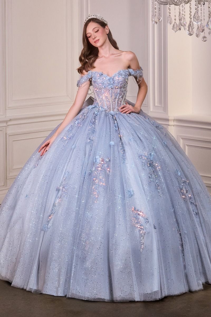 Off The Shoulder Romantic Tulle Quinceanera Gown w/ Corset Bodice & Delicate Beadwork CD15728