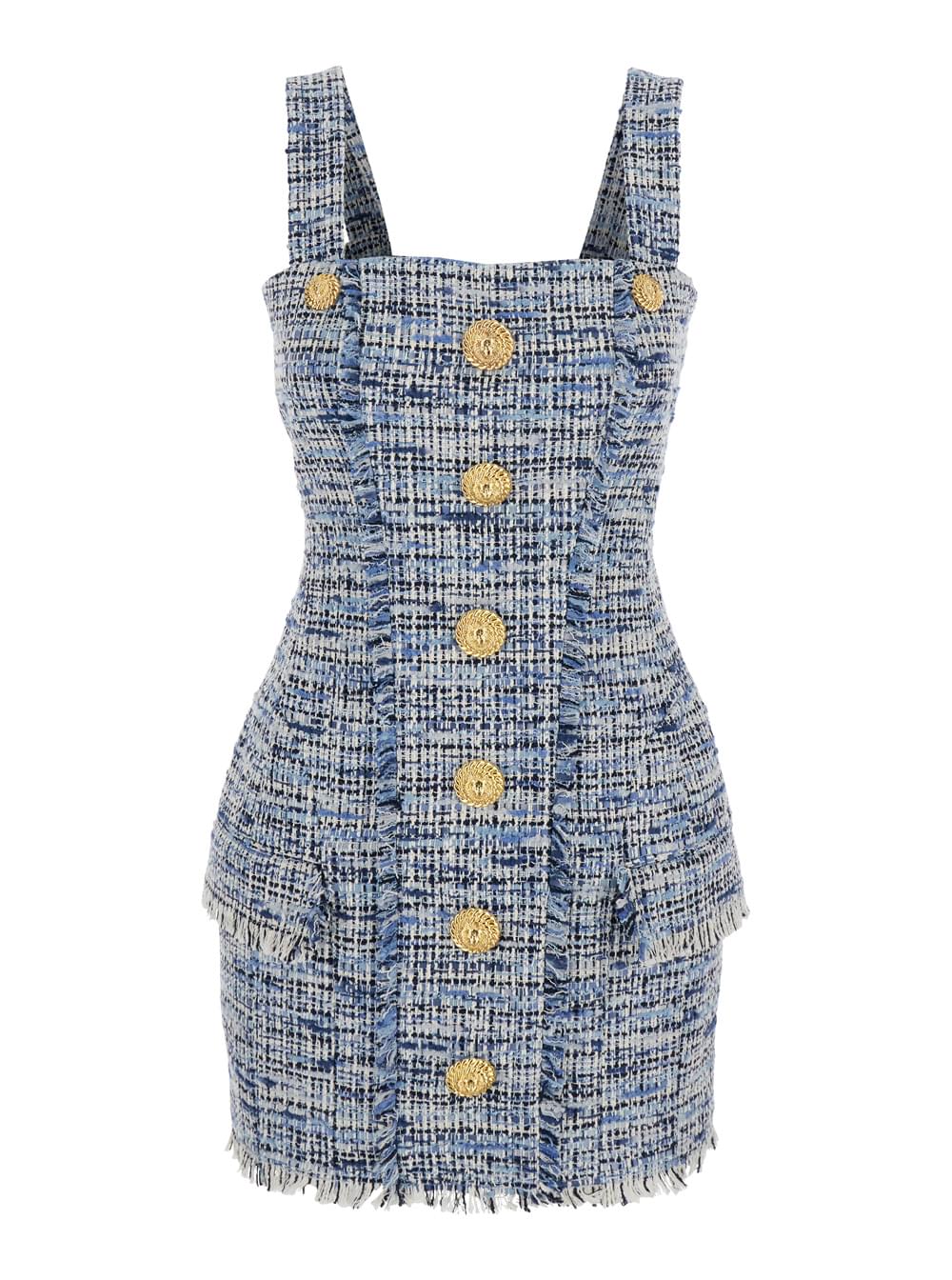Balmain Women Blue Dress With Frayed Details In Tweed Woman