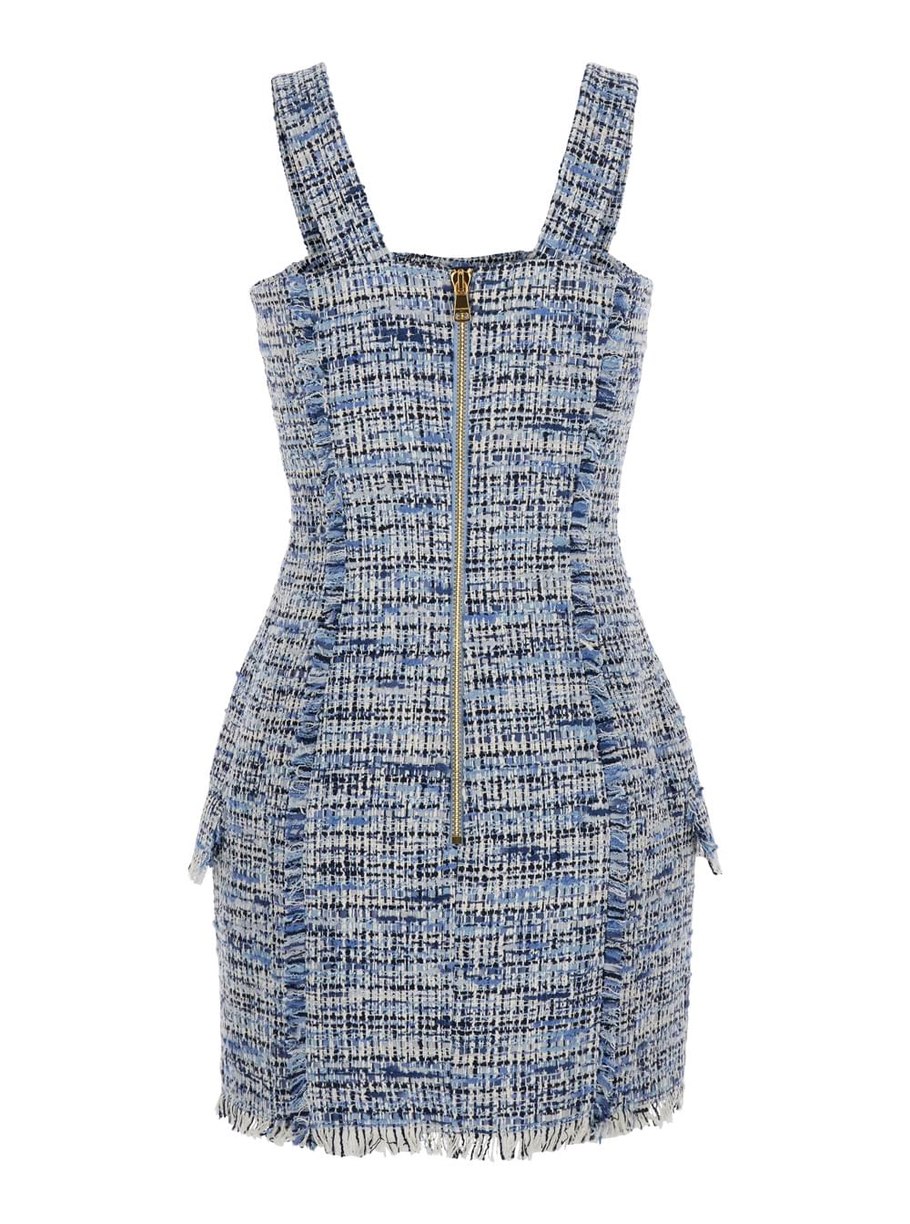 Balmain Women Blue Dress With Frayed Details In Tweed Woman