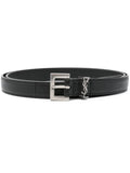 Saint Laurent Men Squared Buckle Smooth Leather Cassandre Thin Belt