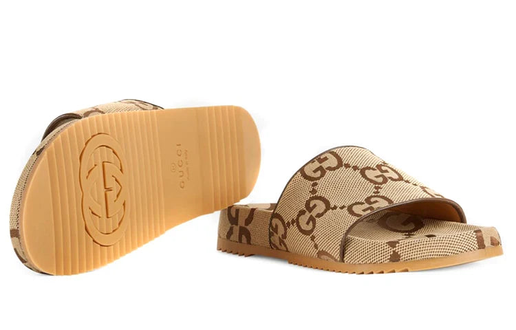 Gucci GG Canvas Camel Monogram Slide Sandals with Platform Sole - Chic Italian Casual Footwear