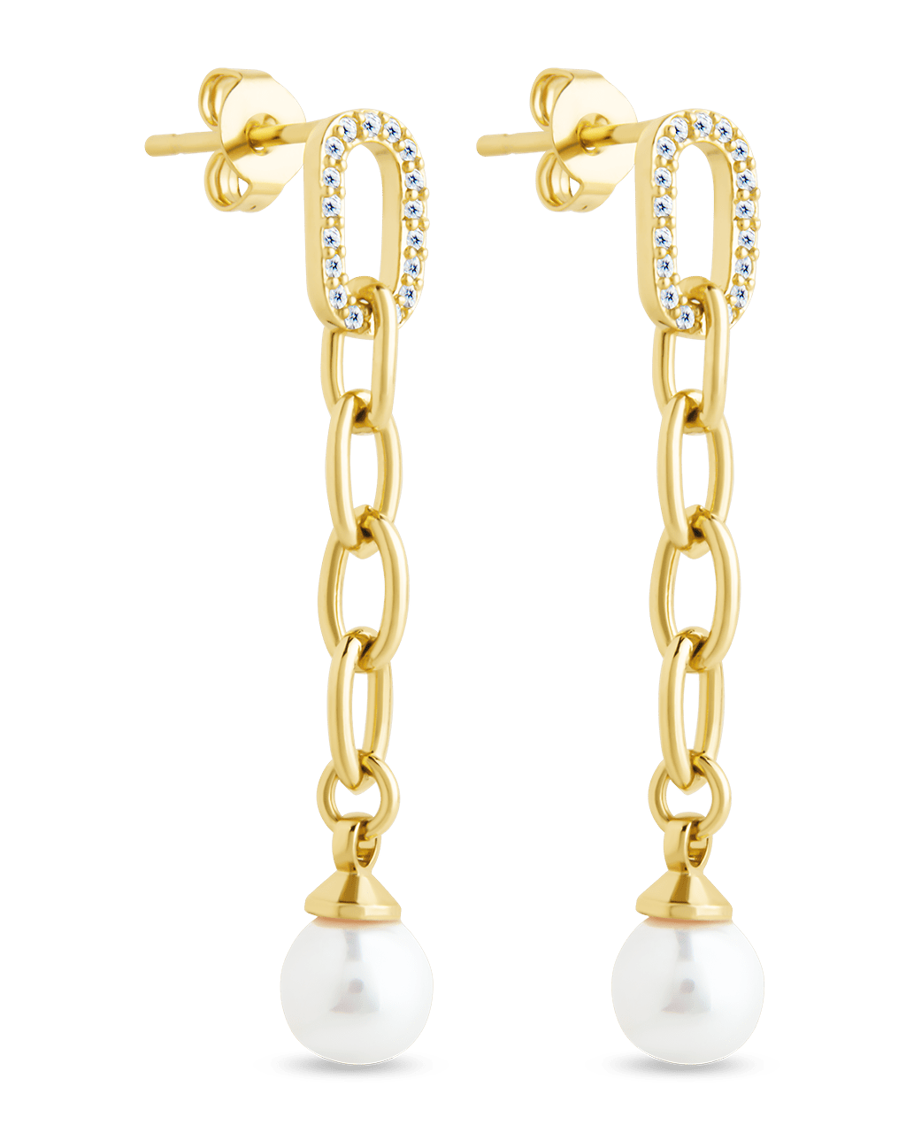 Daphne CZ & Pearl Chain Drop Stud Earrings