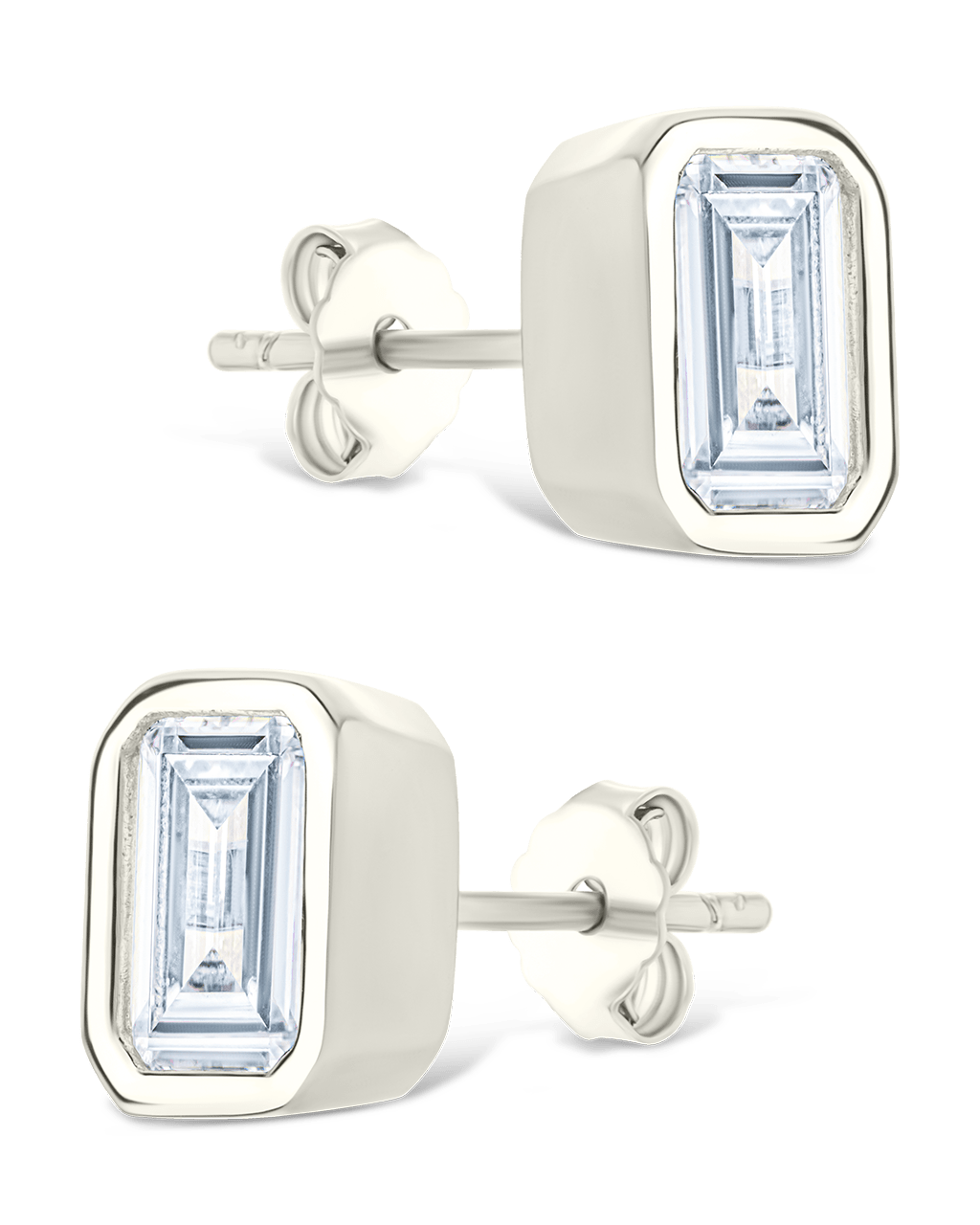 Sterling Silver Emerald Cut Bezel Set Stud Earrings