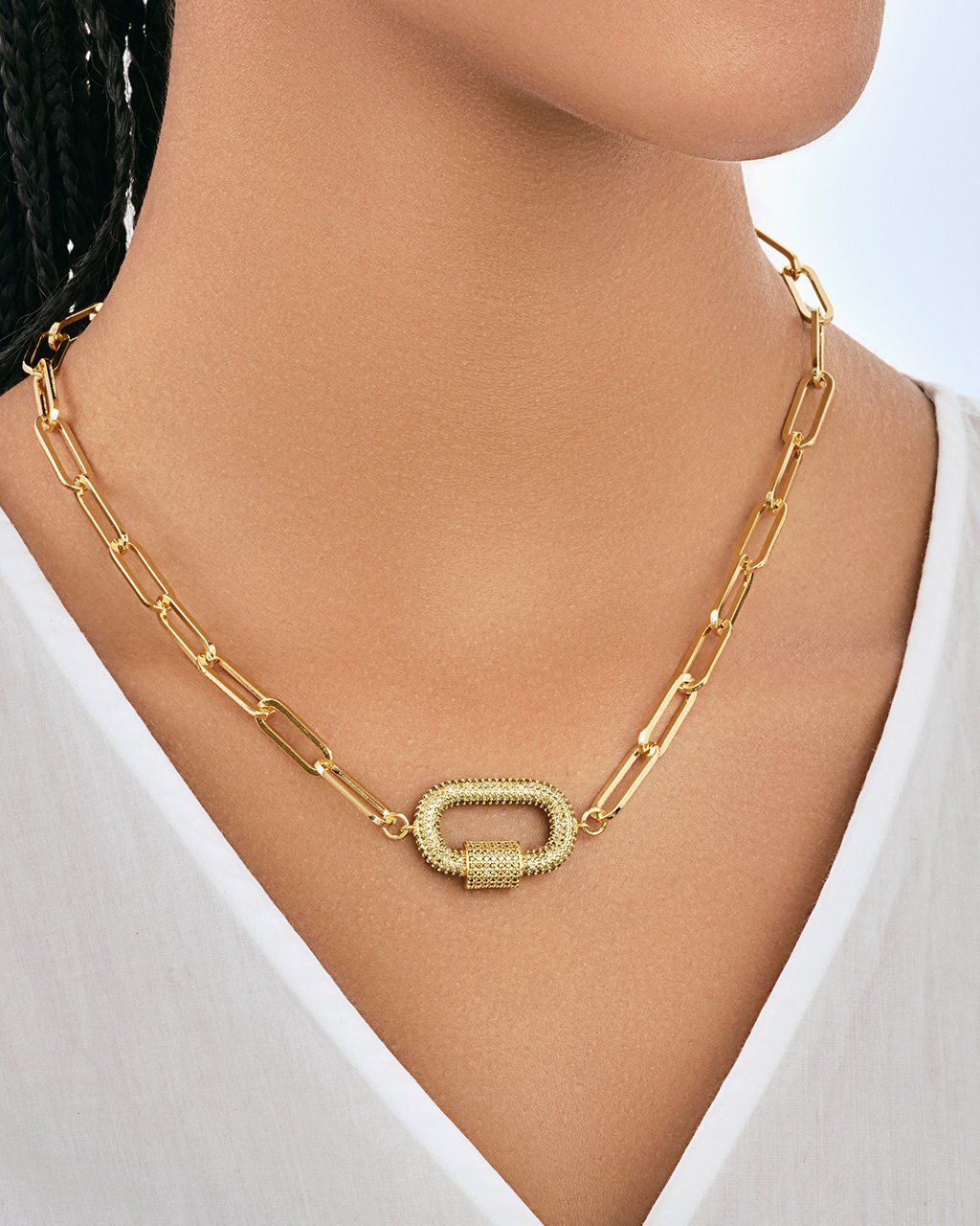 Pave CZ Carabiner Linked Lock Necklace