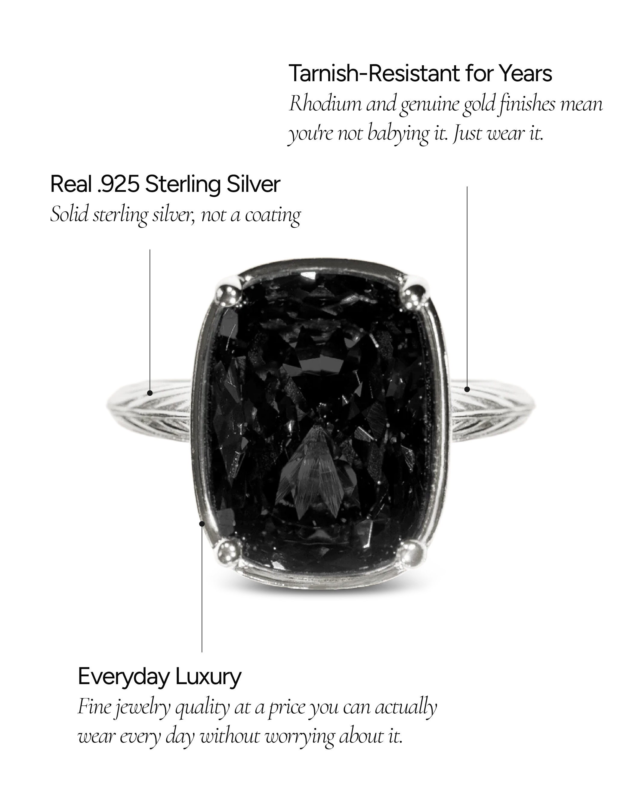 Sterling Silver Elongated Cushion Black CZ Cocktail Ring