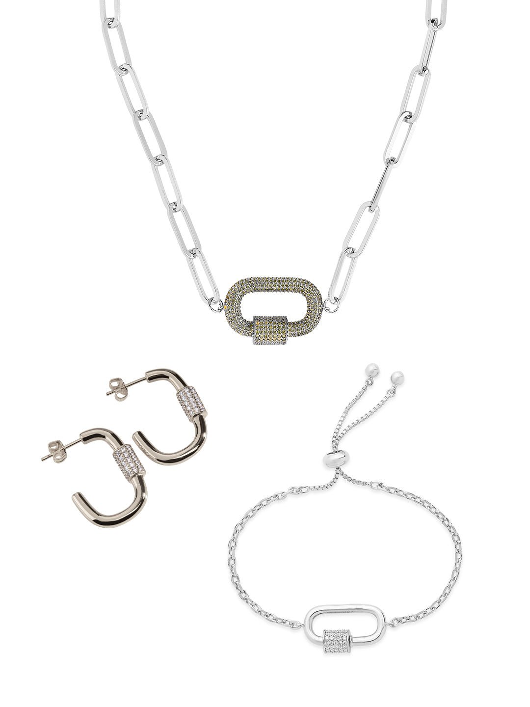 Pave CZ Carabiner Linked Lock Necklace Bundle