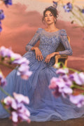Azurite Beaded Sheer Long Sleeves A-Line Long Prom Dress