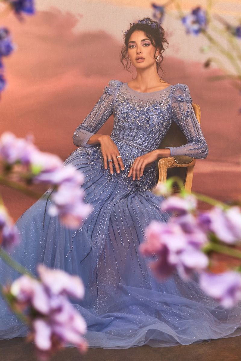 Azurite Beaded Sheer Long Sleeves A-Line Long Prom Dress
