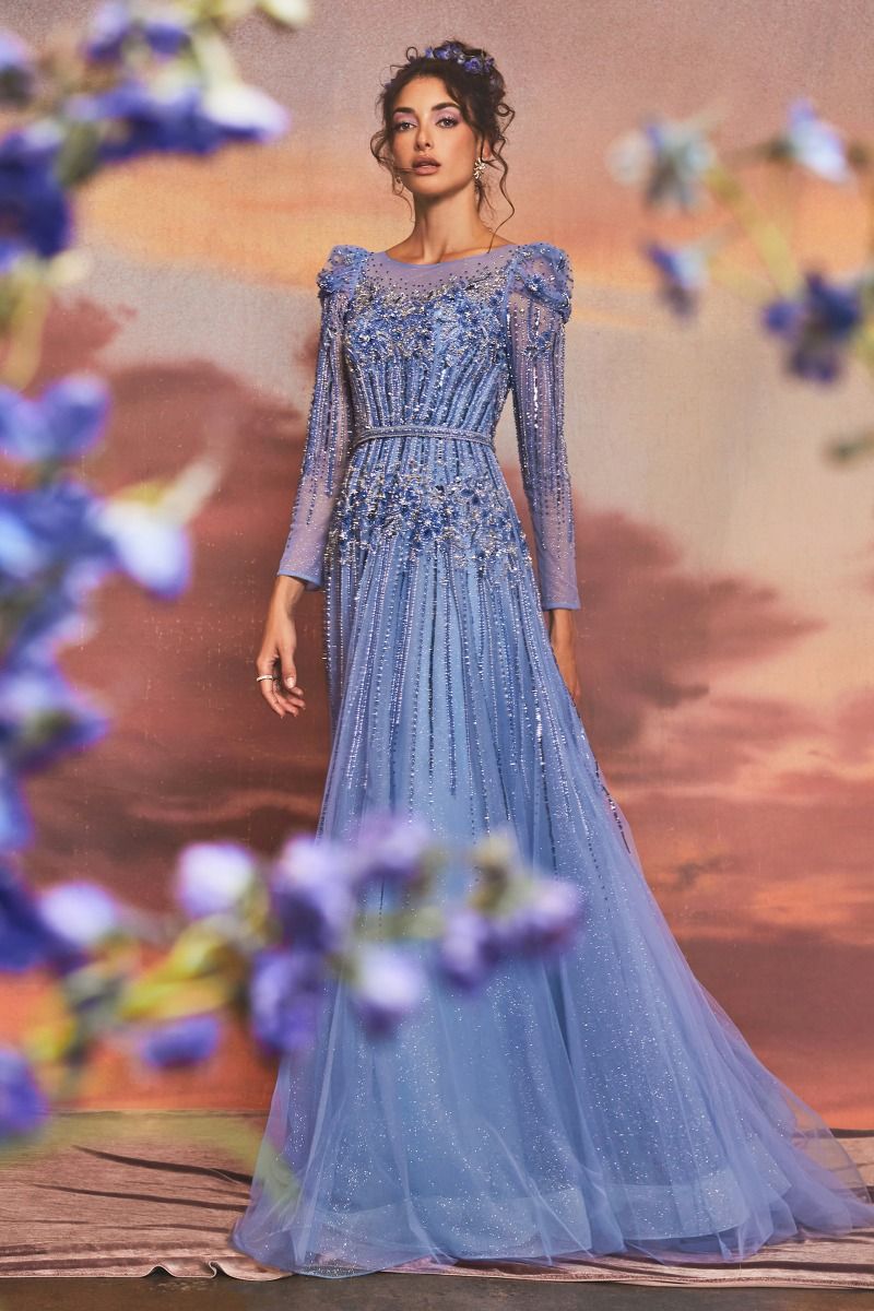 Azurite Beaded Sheer Long Sleeves A-Line Long Prom Dress