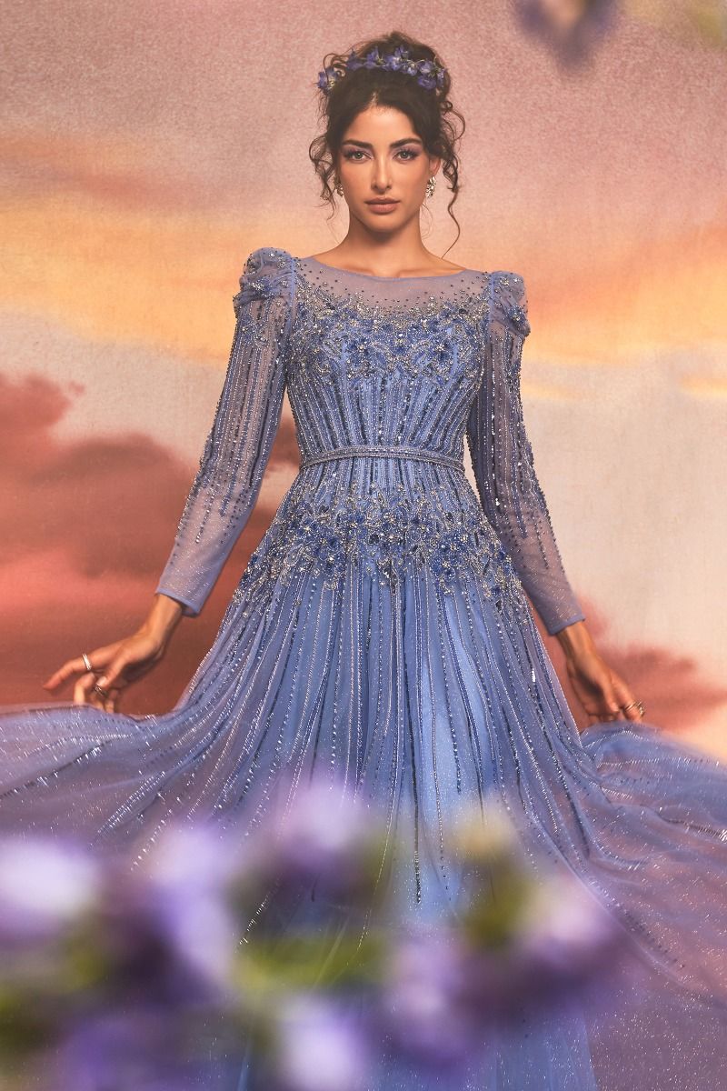 Azurite Beaded Sheer Long Sleeves A-Line Long Prom Dress