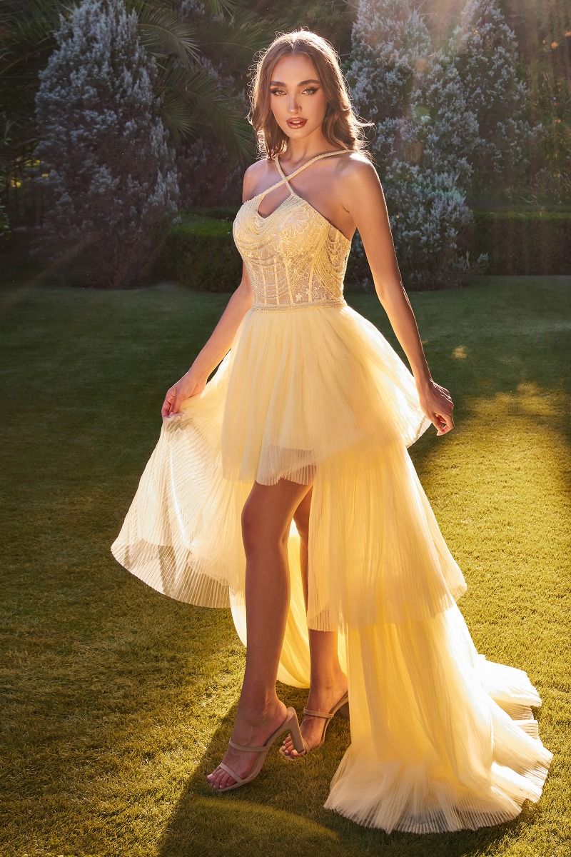 HIGH LOW HALTER BEADED BALL GOWN CDA1239