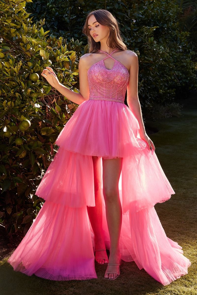 HIGH LOW HALTER BEADED BALL GOWN CDA1239