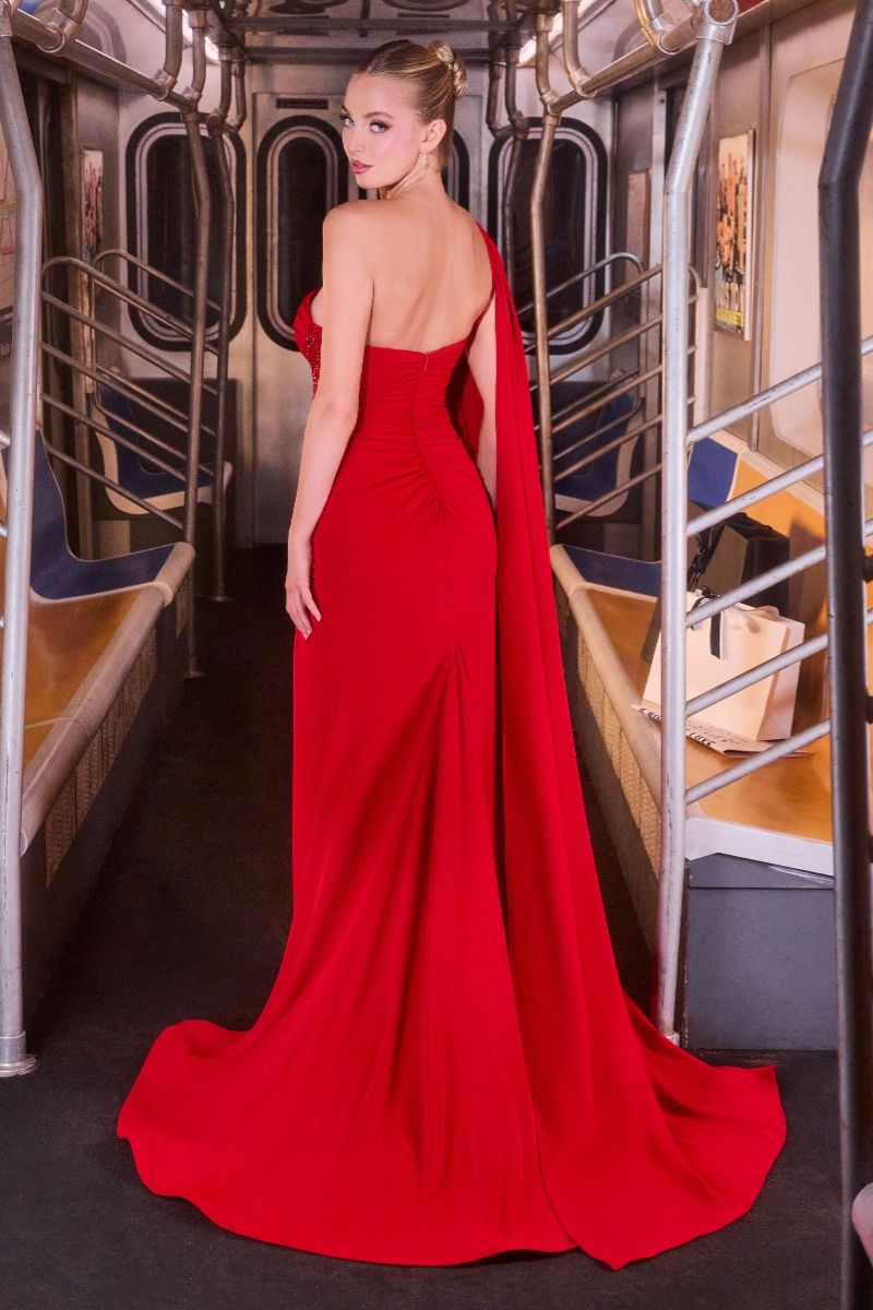 One Shoulder Formal Sheath Gown w/ Shoulder Cape & Delicate Ruched Detailing CDCM8428