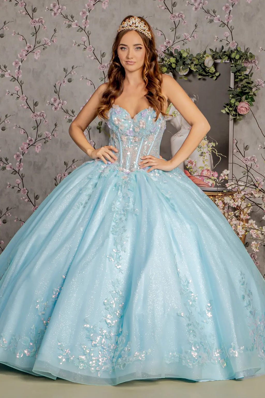 3-D Flower Embroidery Sheer Corset Bodice Mesh Ball Gown GLGL3332