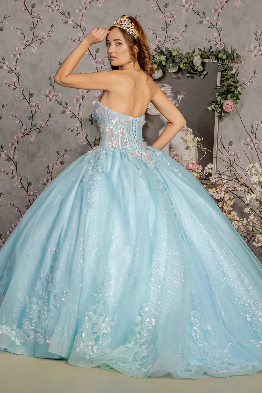 3-D Flower Embroidery Sheer Corset Bodice Mesh Ball Gown GLGL3332