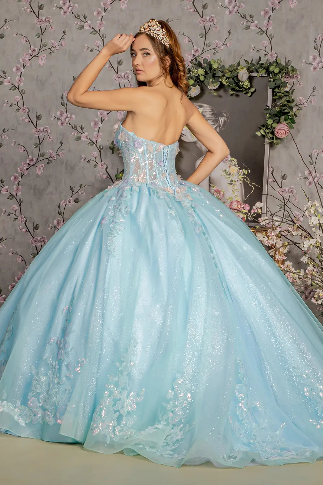 3-D Flower Embroidery Sheer Corset Bodice Mesh Ball Gown GLGL3332