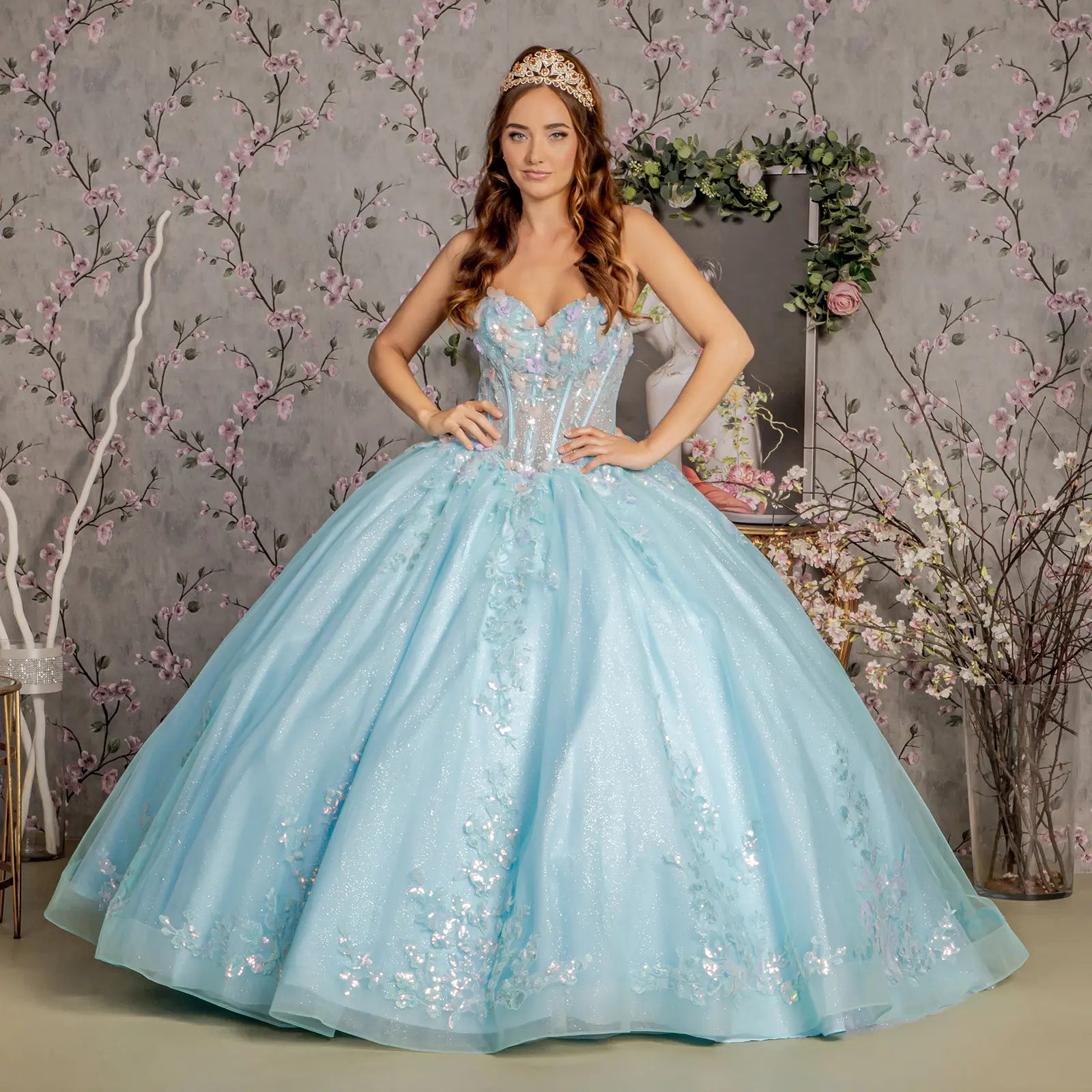 3-D Flower Embroidery Sheer Corset Bodice Mesh Ball Gown GLGL3332