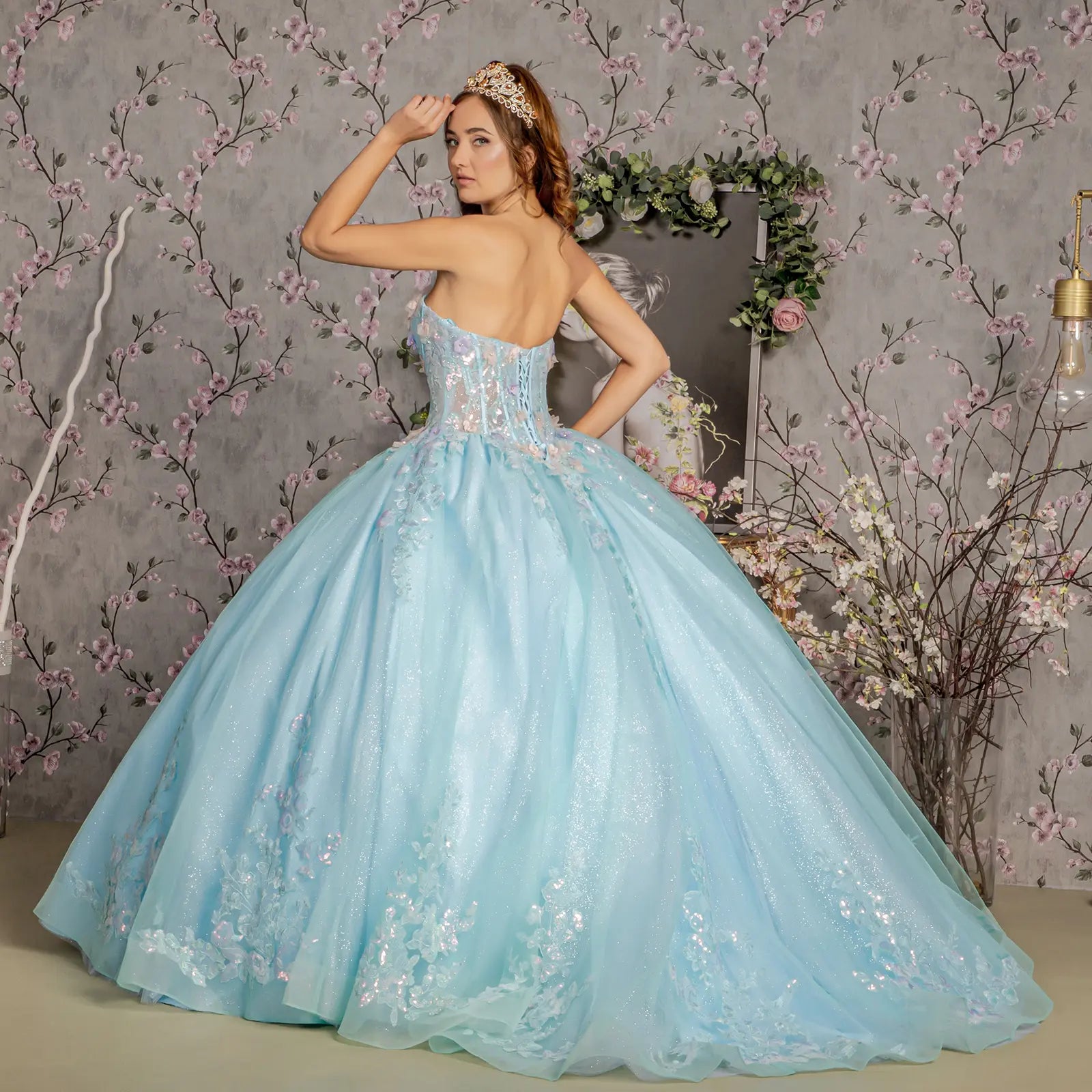 3-D Flower Embroidery Sheer Corset Bodice Mesh Ball Gown GLGL3332