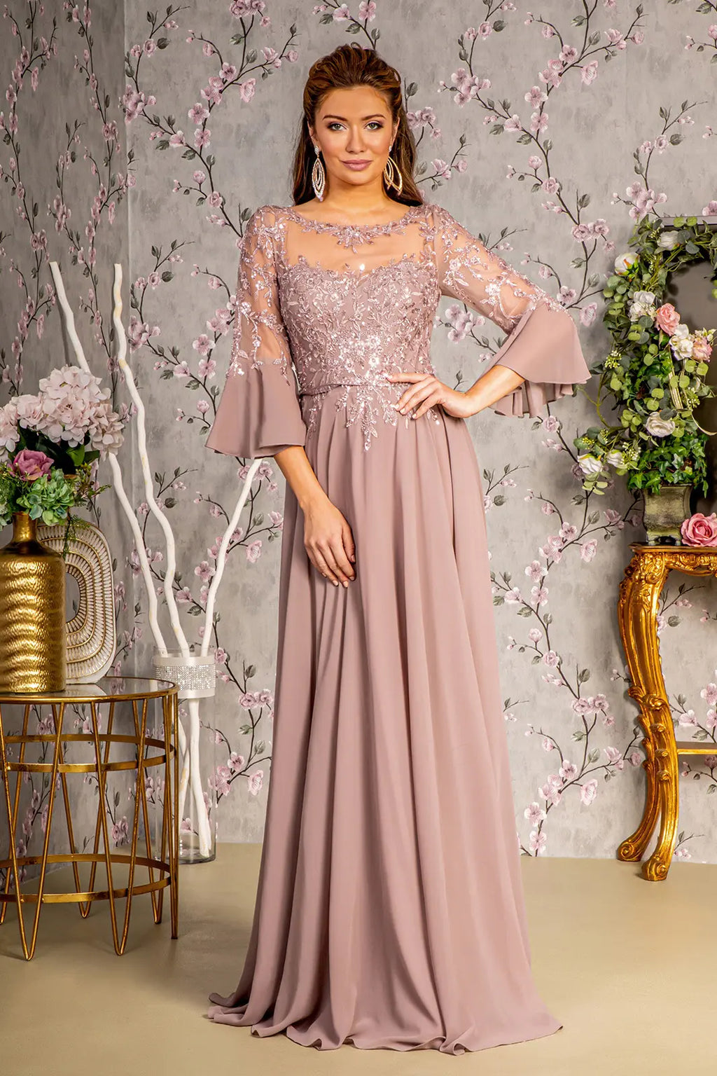 Floral embroidery bead chiffon a line long dress w waist band GLGL3434