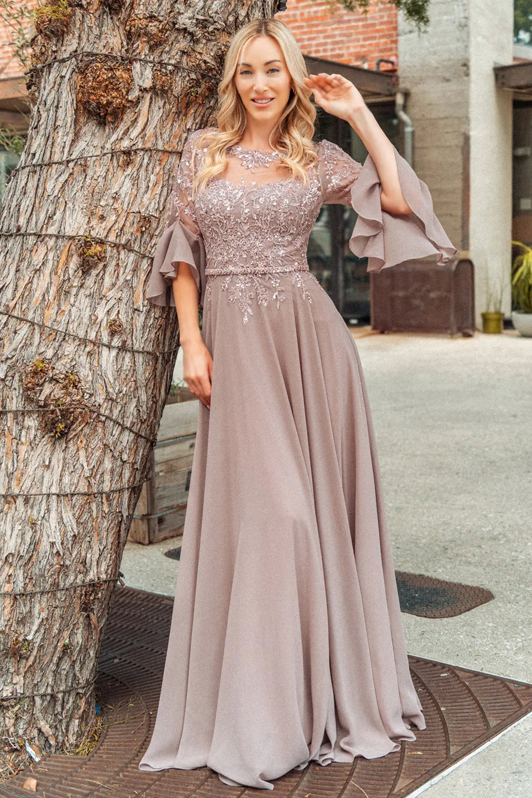Floral embroidery bead chiffon a line long dress w waist band GLGL3434