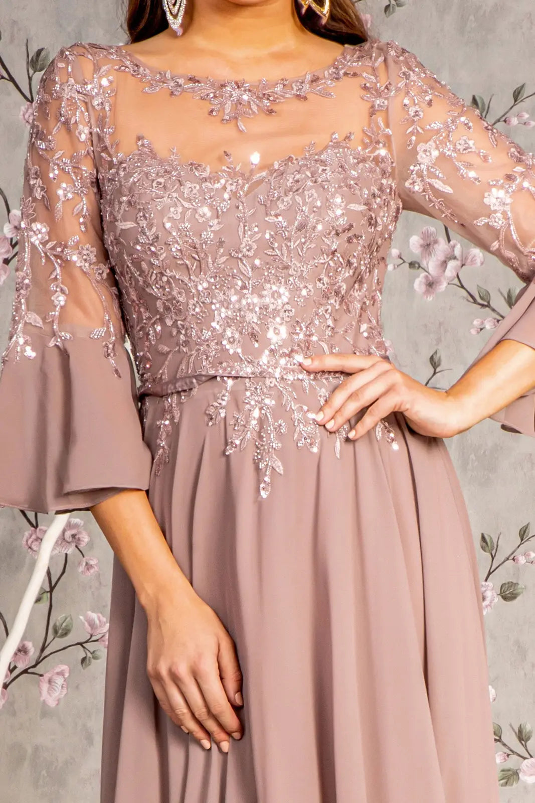 Floral embroidery bead chiffon a line long dress w waist band GLGL3434
