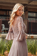 Floral embroidery bead chiffon a line long dress w waist band GLGL3434