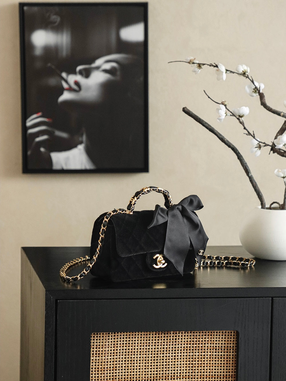 CHanel 25k Black Velvet Handle bag