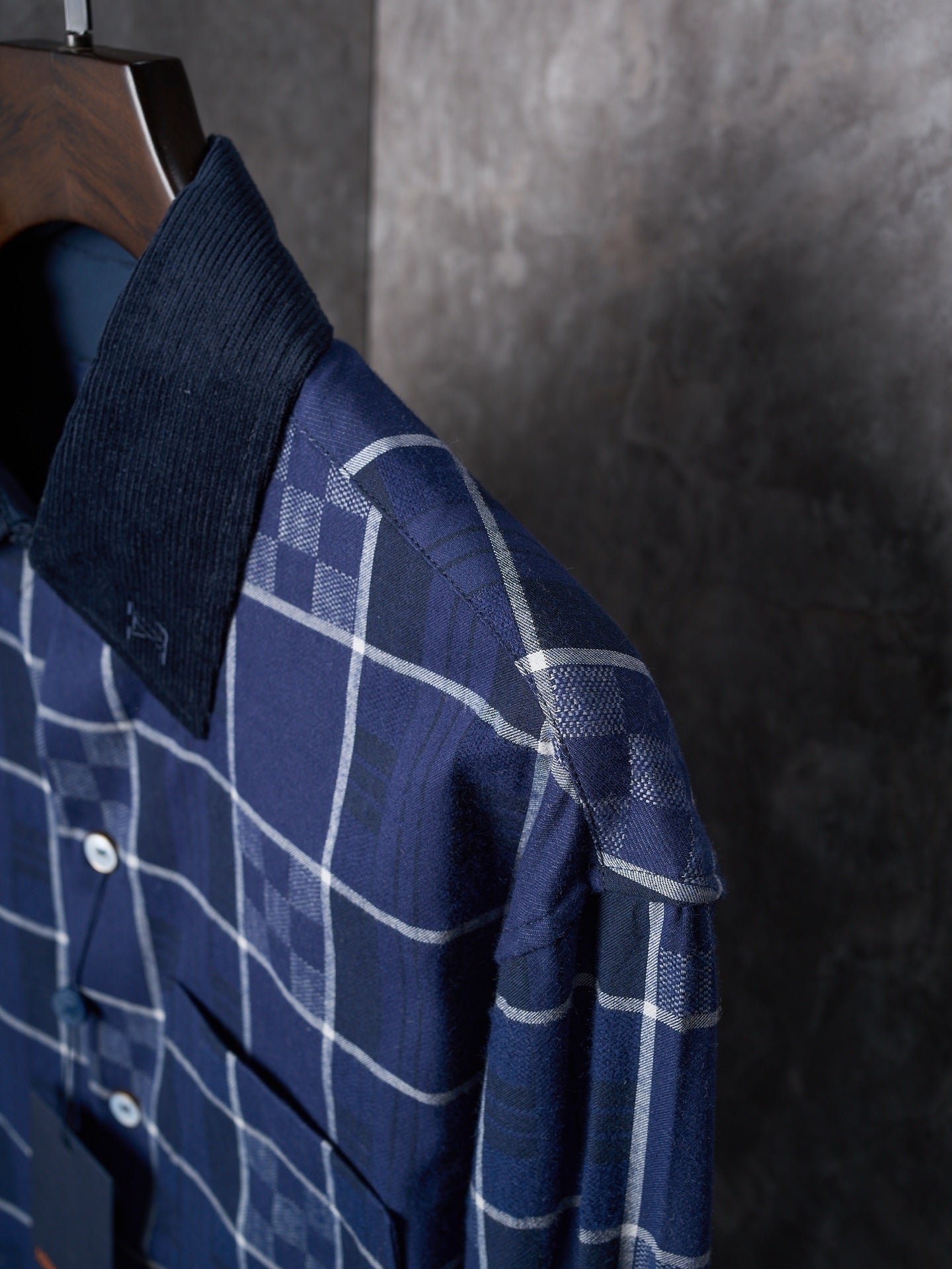 LV Flannel Collar Embroidered Logo Blue Check Lapel Long Sleeve Shirt