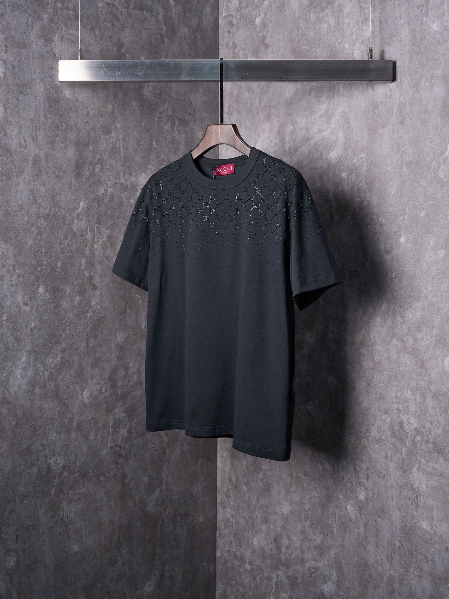 GUCCI Gradient GG Crystal Rhinestone Knitted Cotton Crew Neck Short Sleeve T-Shirt