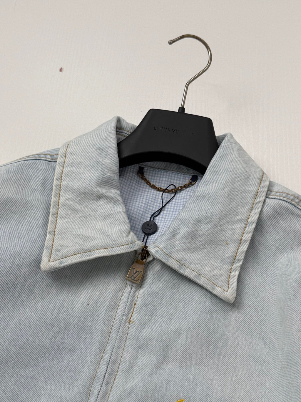LV Light Wash Floral Embroidery Zipper Denim Jacket