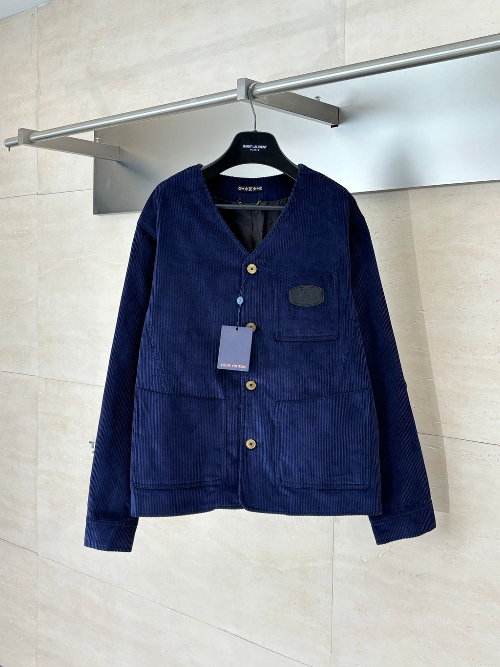 LV-neck corduroy monogram patchwork jacket