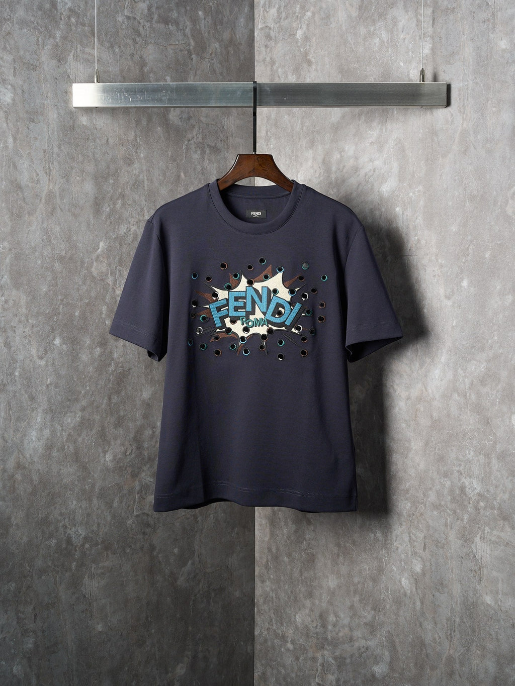 Fendi Dark Blue Explosion Pattern Cotton Crew Neck Short Sleeve T-Shirt