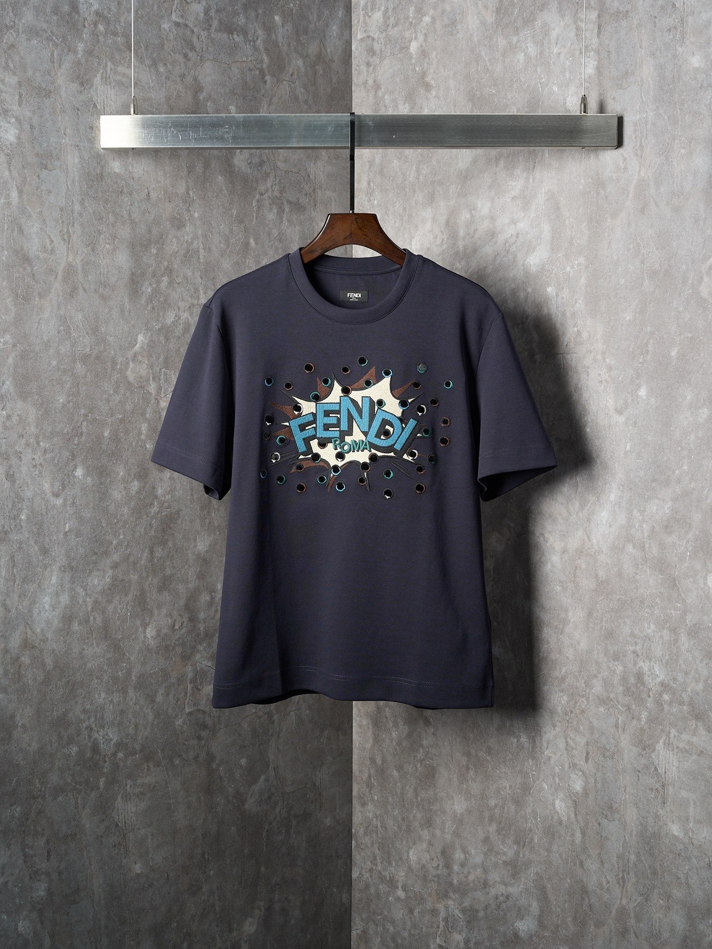Fendi Dark Blue Explosion Pattern Cotton Crew Neck Short Sleeve T-Shirt