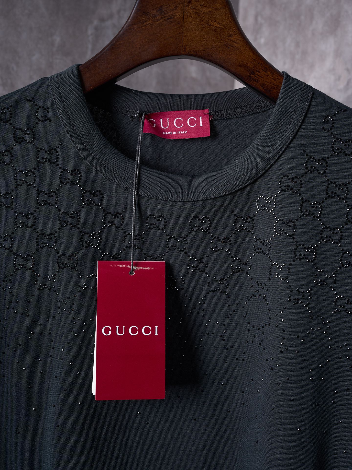 GUCCI Gradient GG Crystal Rhinestone Knitted Cotton Crew Neck Short Sleeve T-Shirt