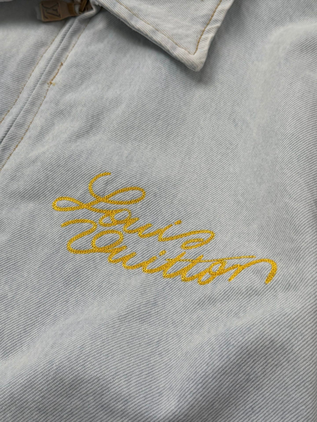 LV Light Wash Floral Embroidery Zipper Denim Jacket
