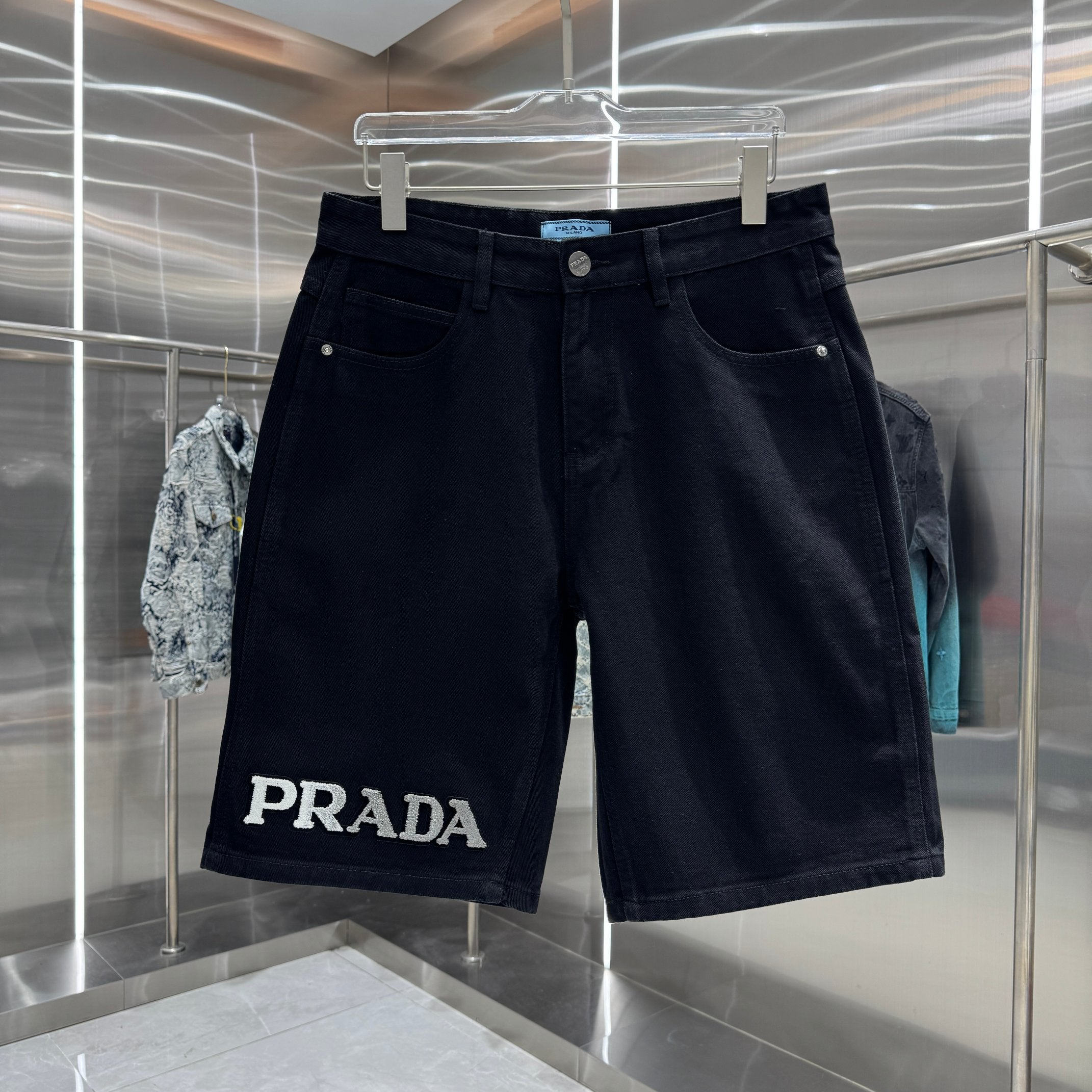 Prada Letter Flocked Denim Shorts
