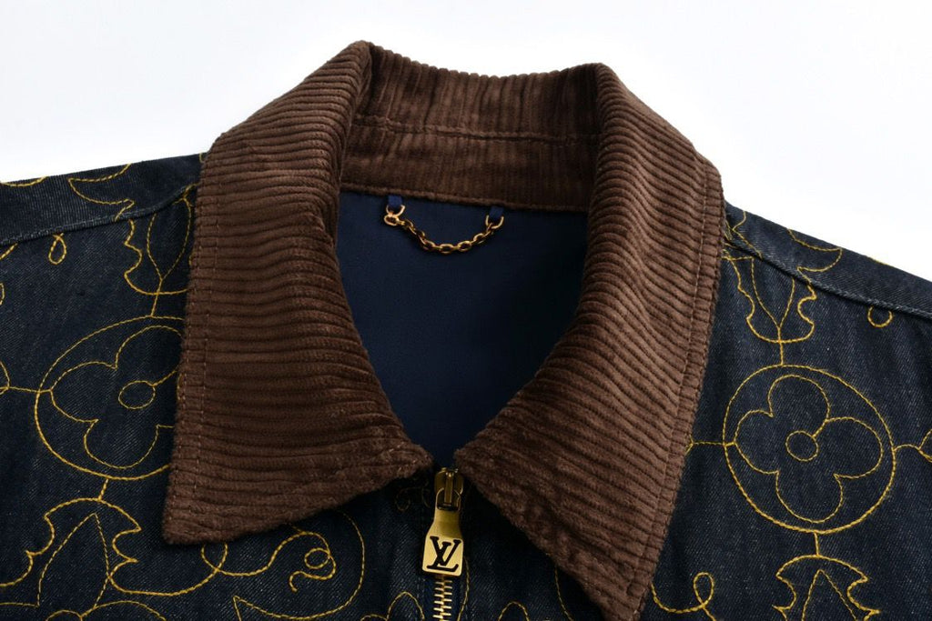 LOUIS VUITTON Black and Gold Embroidered Collar Denim Jacket