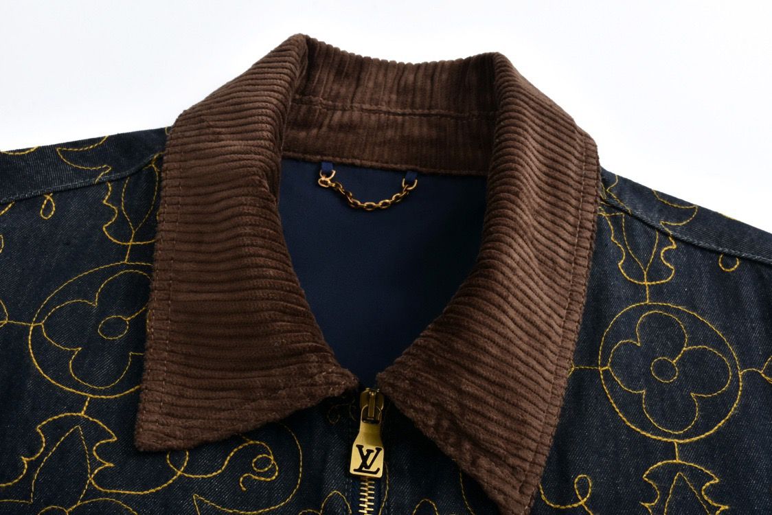 LOUIS VUITTON Black and Gold Embroidered Collar Denim Jacket