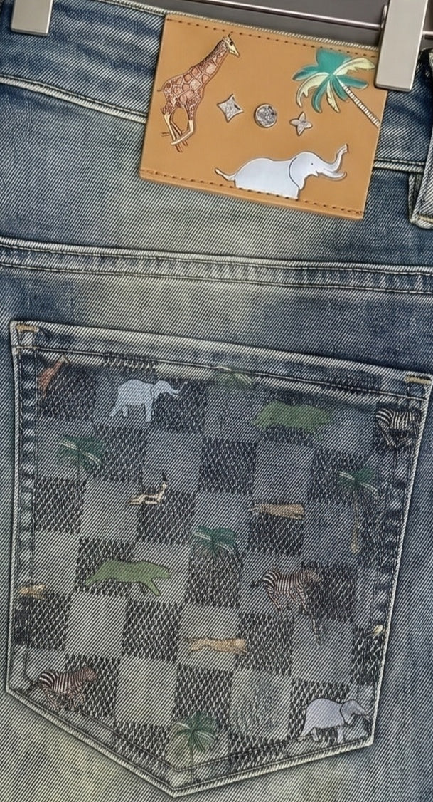 LV Animal Print Slim Fit Straight-Leg Jeans