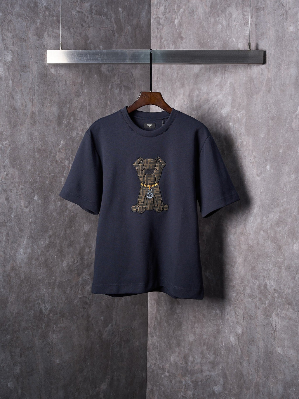 Fendi Jacquard Puppy Pattern Cotton Crew Neck Short Sleeve T-Shirt