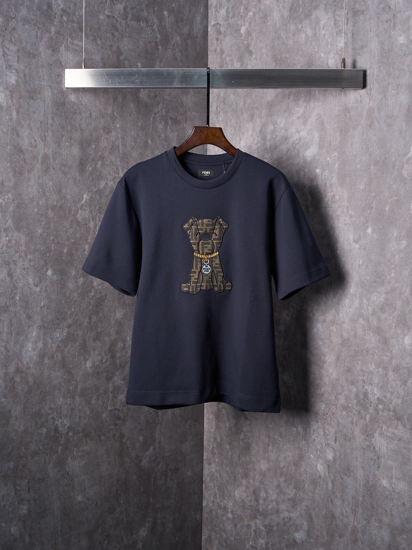 Fendi Jacquard Puppy Pattern Cotton Crew Neck Short Sleeve T-Shirt