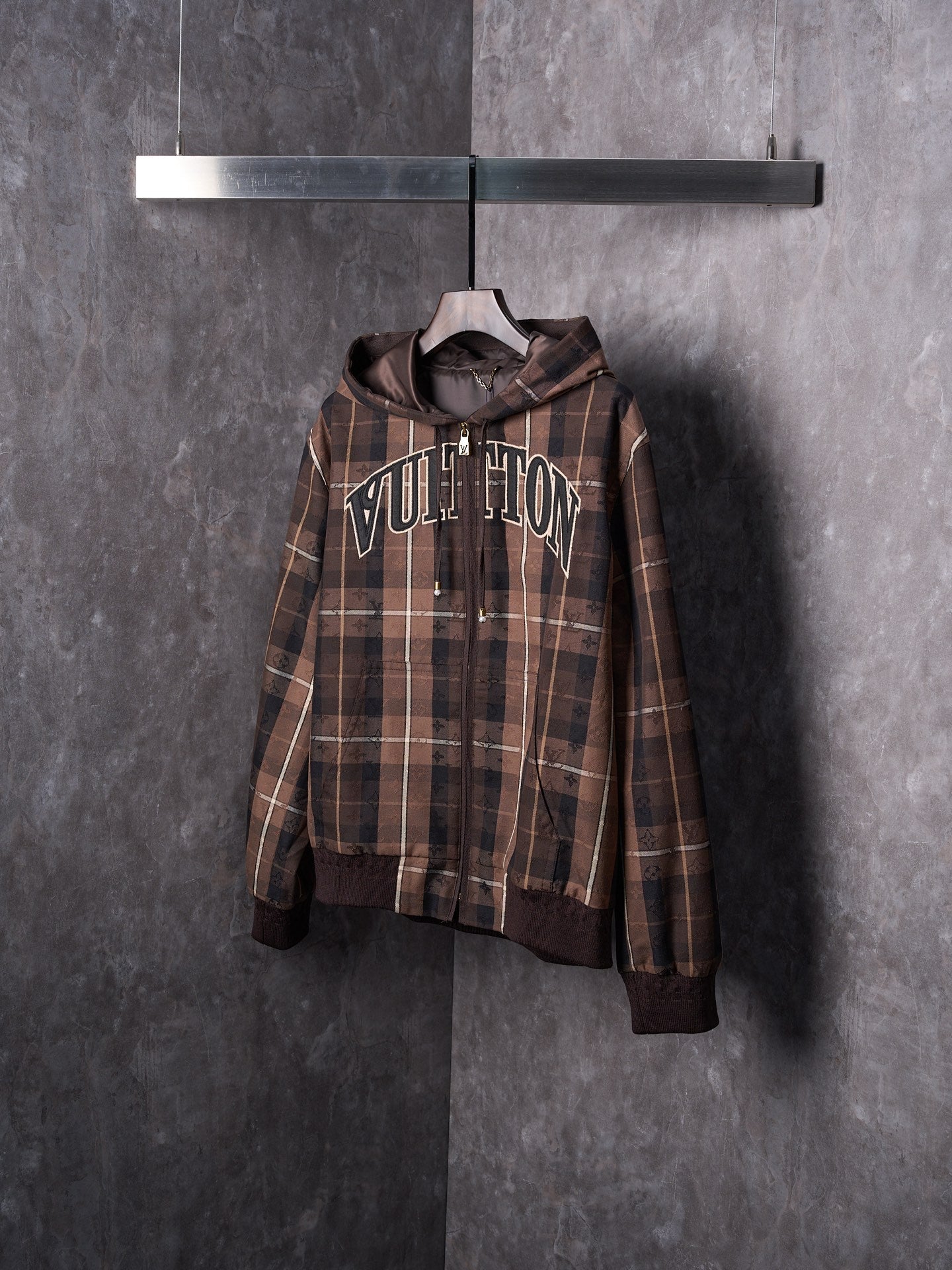 LV Jacquard Letter Applique Belted Hooded Jacket