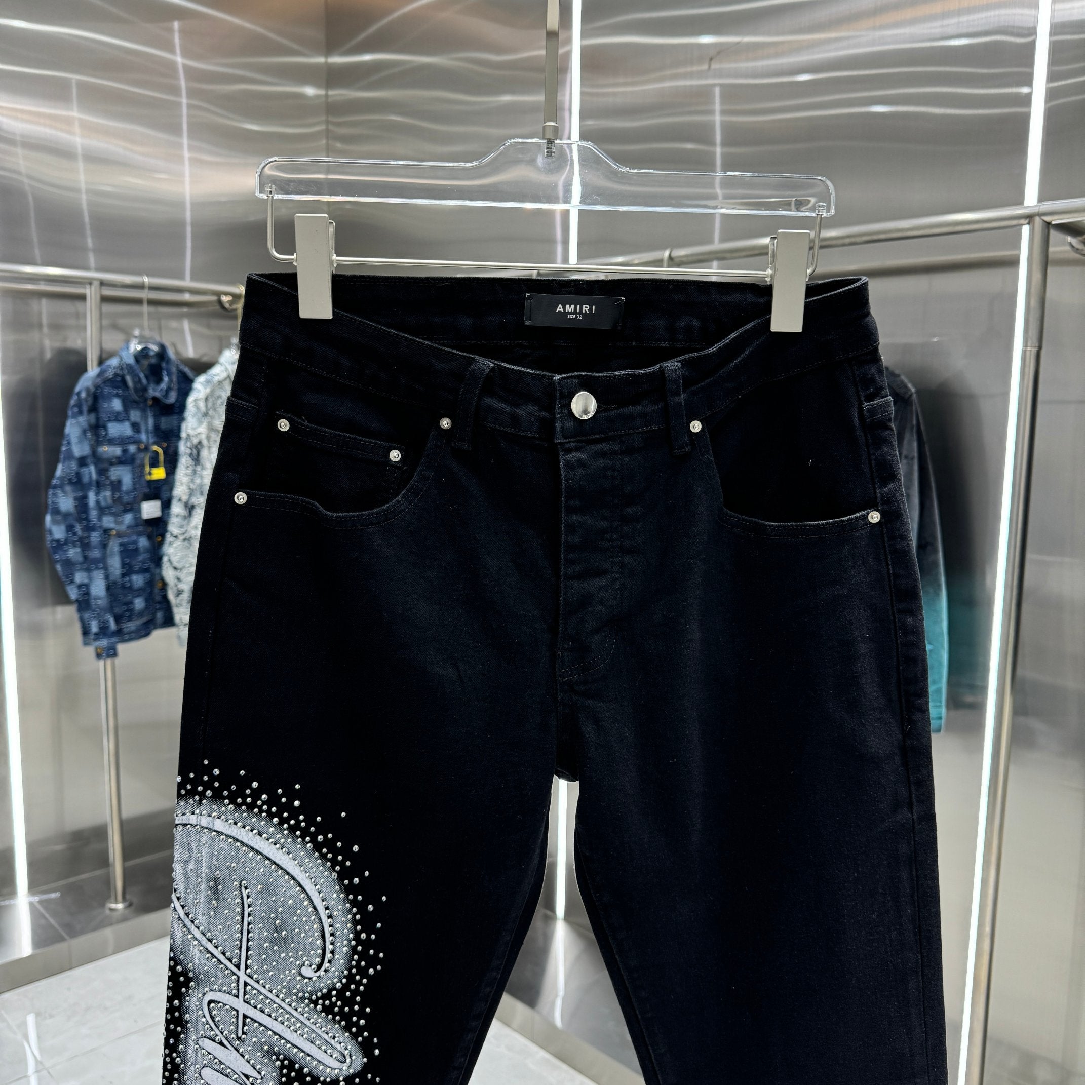 Amiri Slim Fit Stretch Jeans with Rhinestone Lettering