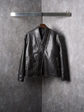 LV/Louis Vuitton Four-Corner V-Neck Diagonal Zipper Distressed Leather Jacket