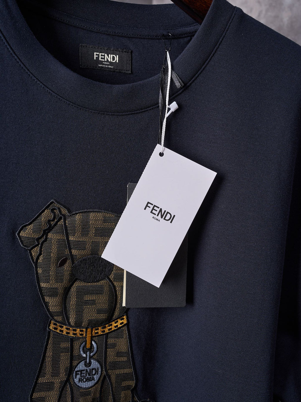 Fendi Jacquard Puppy Pattern Cotton Crew Neck Short Sleeve T-Shirt