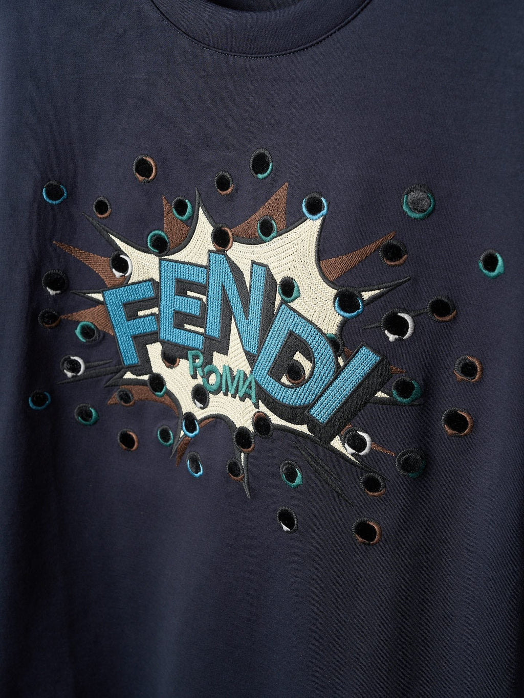 Fendi Dark Blue Explosion Pattern Cotton Crew Neck Short Sleeve T-Shirt