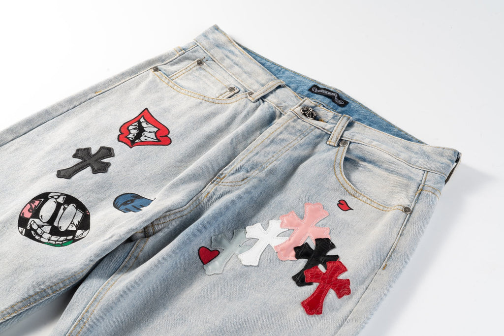 Chrome Hearts CH Graffiti Ghost Face Patchwork Jeans